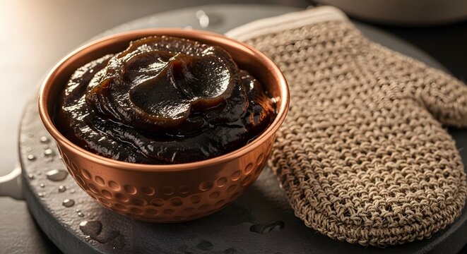Black moroccan beldi soap in copper bowl with kessa glove for hammam spa treatment