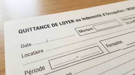 Close-up detail of a French "Quittance de Loyer" rent receipt or occupation indemnity form, with blank fields ready for personal data, symbolizing housing expenses and legal documentation.