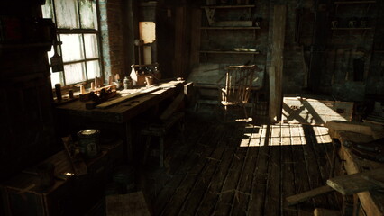 Obraz premium sunlit wooden workshop with cluttered bench, glass jars, mortar and pestle on weathered tabletop, dust motes floating through broken window, creaking