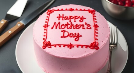 Obraz premium Happy mother's day pink cake with red writing and decorations