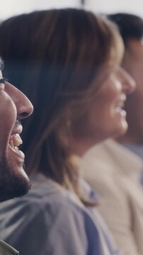 Audience, business people and laugh at conference for finance workshop, story or humor. Crowd, seminar and funny joke at convention for investment, work event or listen to presentation in office