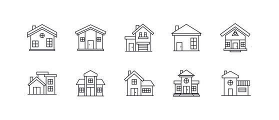Fototapeta premium Ten simple line art house icons with varying designs and roof shapes home building
