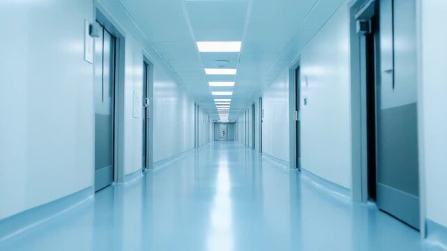 Modern hospital corridor stretching into the distance with rows of doors, clean surfaces, and bright overhead lighting, conveying concepts of medicine, healthcare, and sterile environments