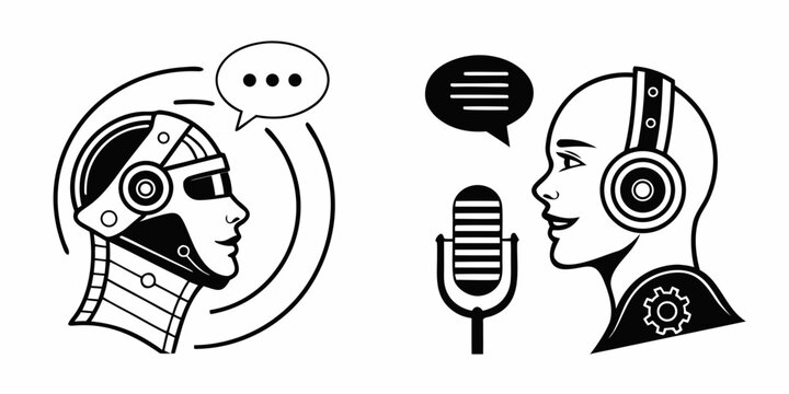Two futuristic robots engaged in a conversation using speech bubbles and a microphone. Vector