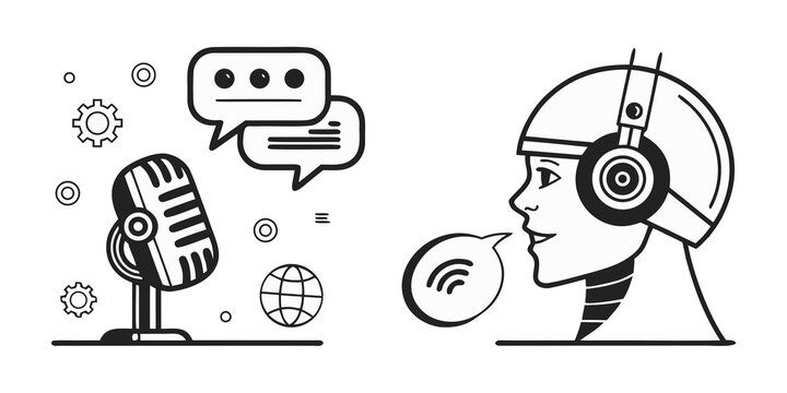A futuristic robot engaging in a conversation with a human using speech bubbles. Vector