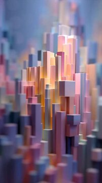 Abstract 3D Voxel Block Landscape with Colorful Pastel Cubes and Soft Cinematic Lighting on Geometric Pillars and Towers