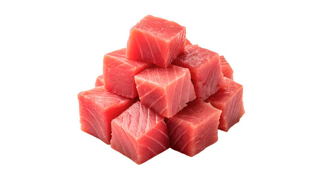 Sliced raw tuna cubes stacked isolated on transparent background