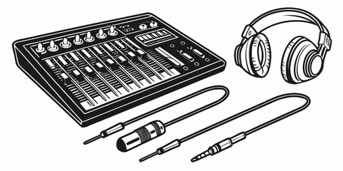 A music production setup featuring a midi keyboard, headphones, and a pen Vector © MST NASIMA KHATUM
