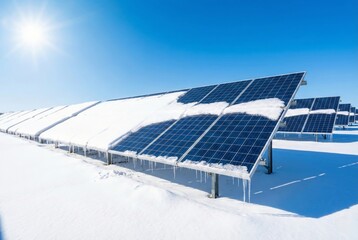 Rows of Solar Panels Covered in Thick White Snow in Winter
