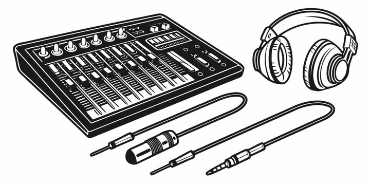 A music production setup featuring a midi keyboard, headphones, and a pen Vector