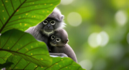 Obraz premium An adult gray leaf monkey tenderly cradles its infant amidst the dense jungle, showcasing the intimate bond between mother and child in their natural wildlife habitat.