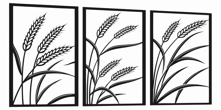 Three panels depicting the growth stages of wheat plants in a field. Vector