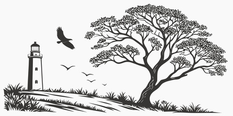 A solitary lighthouse stands tall amidst a serene landscape with a bird in flight Vector © MST NASIMA KHATUM