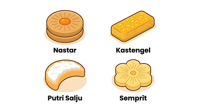 Vibrant colorful illustration of Indonesian pastries Nastar Kastengel Putri Salju Semprit on white background