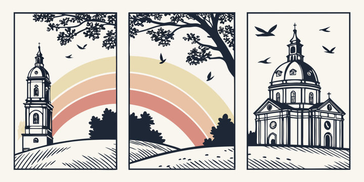 A picturesque view of a historic church with a clock tower and a bridge over a river. Vector