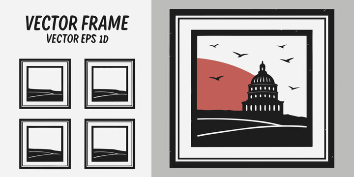 A collection of four different picture frames with a central focus on a framed image of the capitol building. Vector