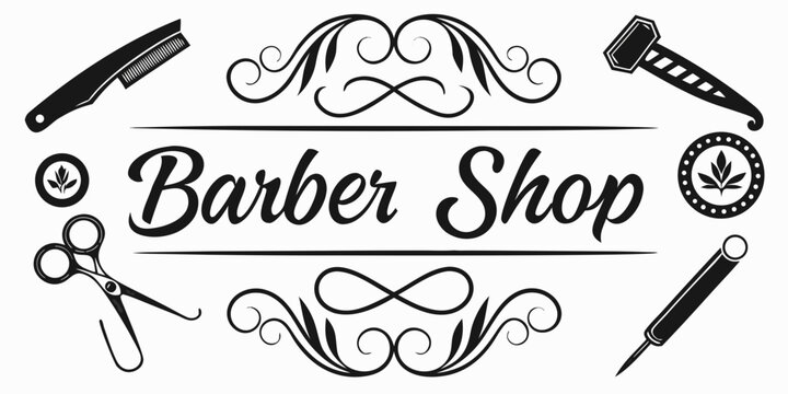 A classic barber shop logo featuring ornate designs and barber tools. Vector