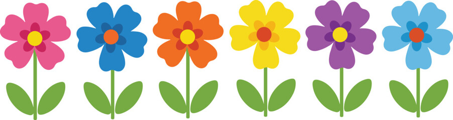 Vibrant row of colorful cartoon flowers with green stems and leaves © miraj_designer