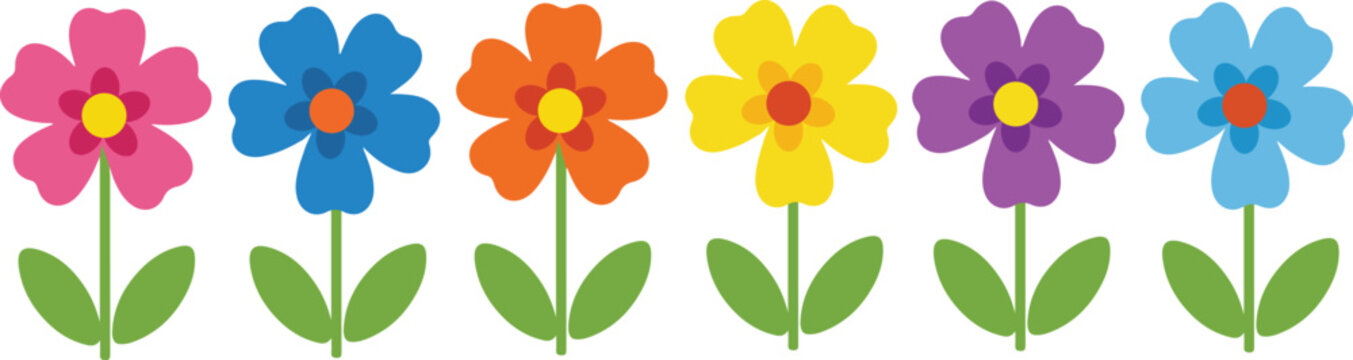 Vibrant row of colorful cartoon flowers with green stems and leaves