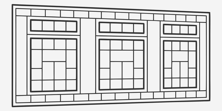A detailed architectural drawing of a building with large windows and structural elements Vector
