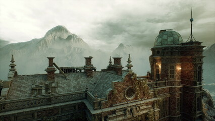 Baroque observatory rooftop against foggy peaks, ornate crest and dome silhouette, carved masonry and glowing lantern, cloudy alpine backdrop, elegant historic © icetray