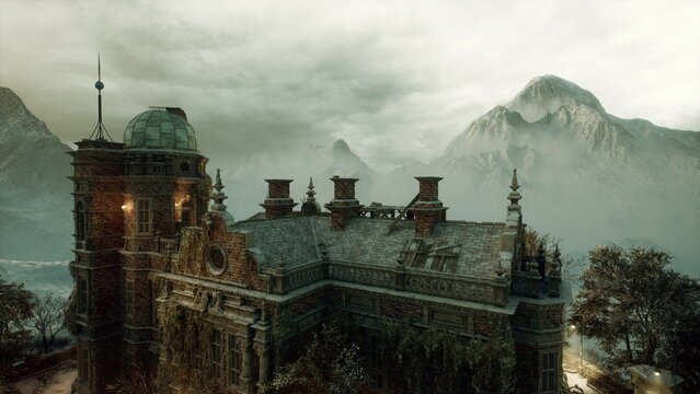 Moody mountain castle glowing at dusk, ornate rooftop, spires and lanterns, mist rolling over valley, stone masonry and weathered battlements, warm interior