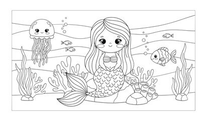 Mermaid with long hair and fish friends in underwater scene with coral and jellyfish © hafsa01