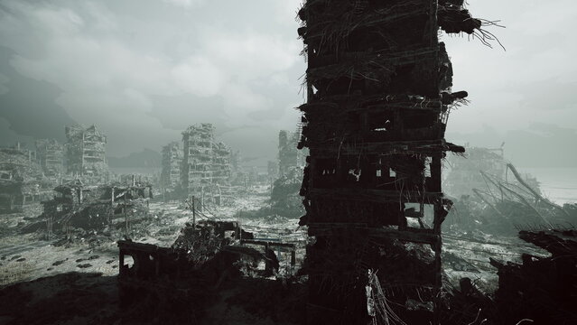 bleak ruined cityscape with collapsed towers and smoldering rubble, overcast sky and distant silhouettes of destroyed infrastructure, desolate mood