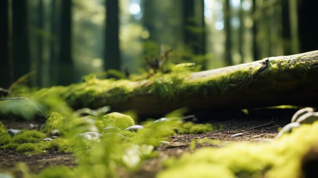 Forest floor covered in lush green moss and emerging ferns, capturing warm sunlight filtering through the trees, creating a peaceful woodland ecosystem and signifying new life