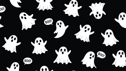 Fototapeta premium Spooky halloween seamless pattern with white cartoon ghosts and boo speech bubbles over a solid black background for festive designs.