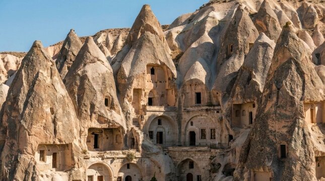 Ancient cave dwellings carved into fairy chimneys in Cappadocia, Turkey, historical rock formations and architecture