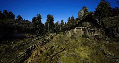 overgrown historic village under bright sky, crumbling stone walls and mossy paths weave between timber cottages, silent atmosphere suggests memory, heritage