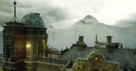 lantern lit observatory dome overlooking mountain, weathered stone rooftop with warm interior glow, dense mist rolling across distant peaks, moody cinematic © icetray