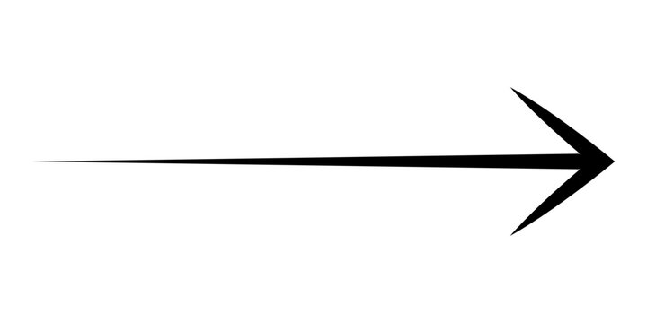 Black horizontal arrow pointing right with a thin fading line on the left isolated on white background