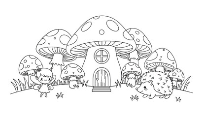 Whimsical black and white of mushroom house with fairies and hedgehog fairy © hafsa01