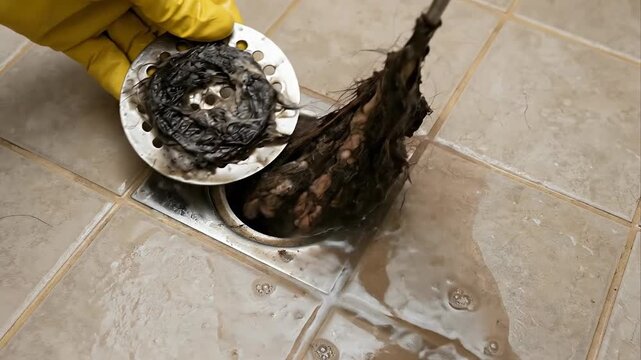 Close up of yellow gloved hands clearing a clogged shower drain with a metal tool removing thick matted hair and debris with water and soap scum