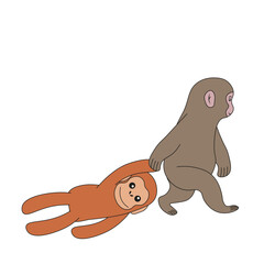 Vector Punch Monkey walk with her mother isolated transparent background. Lonely Punch with mom. Editable stroke. EPS 10 © Olga Igumenova