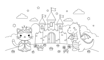 Fototapeta premium Black and white line of a princess cat and knight dragon standing in front of a castle
