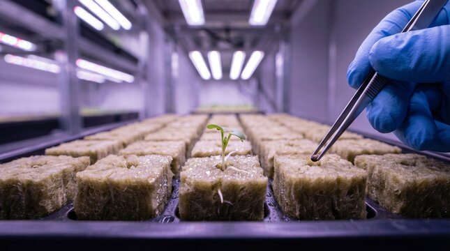 A hand in a blue protective glove uses tweezers to carefully place a seed in a cube of mineral wool next to a sprouted green sprout in a modern hydroponic laboratory