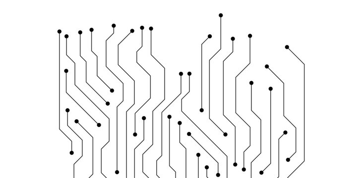 Abstract circuit board pattern with black lines and nodes on a white background