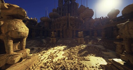 paired stone lion guardians flank sunlit forecourt and ceremonial entrance, detailed carvings and worn pedestals show patina and moss, conservationist © icetray