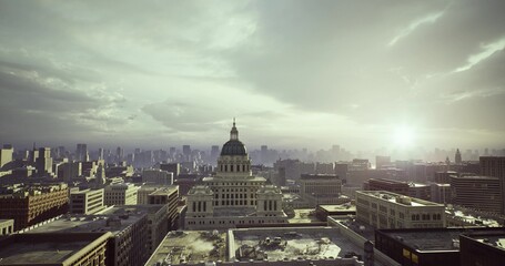 Fototapeta premium Golden hour view of capitol dome with green roofs, rooftop gardens and solar panels catch warm light, sustainable city vibe with aerial drone perspective