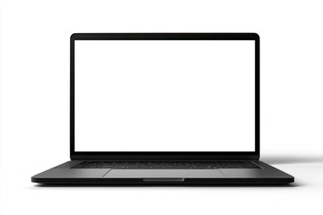Front view of a dark gray laptop with a blank white screen, set against a white background