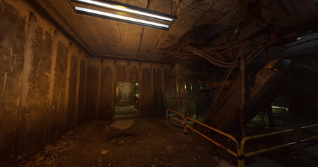 dim maintenance corridor with leaking pipes and fluorescent panels, urban explorer photographer setup implied, tripod shadow on concrete, damp stains © icetray