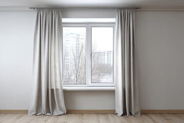 Fototapeta premium Light curtains frame a window with a view of buildings and trees in winter.