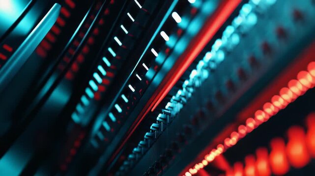 Datacenter featuring close up of server racks with vibrant red and blue indicator lights illuminating the hardware, representing advanced digital communication and technology
