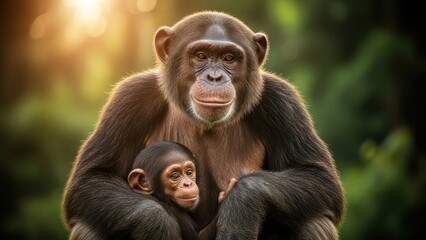 Fototapeta premium Chimpanzee Mother and Baby in Forest.