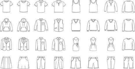 Clothing outline icons vector set with shirts jackets dresses pants and casual apparel line art collection © Rubya