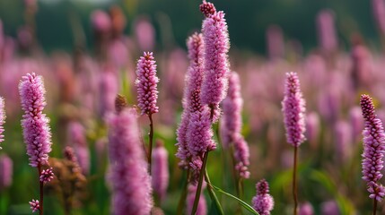 Obraz premium Pink Bistort Flowers Blooming in Meadow Close Up Floral Image