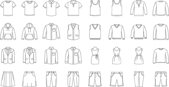 Clothing outline icons vector set with shirts jackets dresses pants and casual apparel line art collection